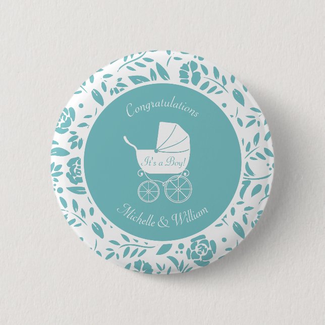 Vintage Carriage Baby Shower Cute Blue Boy Knapp (Framsida)