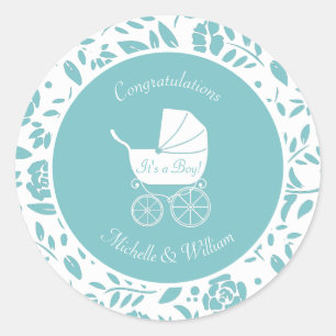 Vintage Carriage Baby Shower Cute Blue Boy Runt Klistermärke