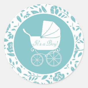 Vintage Carriage Baby Shower Cute Blue Boy Runt Klistermärke