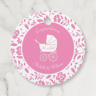 Vintage Carriage Baby Shower Cute Rosa Girl Girl Gåvor Etiketter