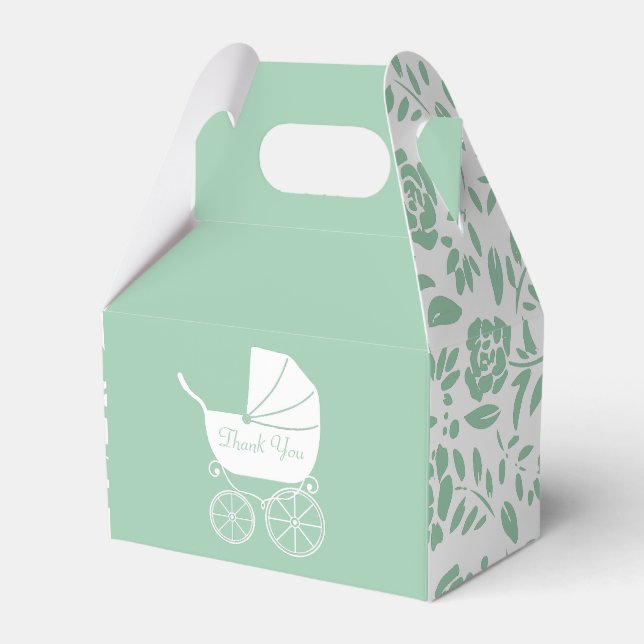 Vintage Carriage Baby Shower Grönt Gender Neutral Presentaskar (Framsidan Sidan)