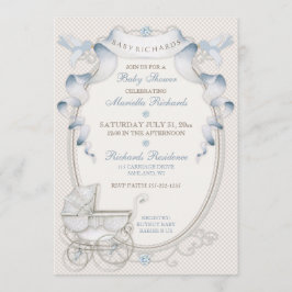 Vintage Carriage Ivory Gingham Blue Birds Inbjudningar