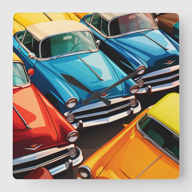 Vintage Cars Pattern Fyrkantig Klocka (Framsida)