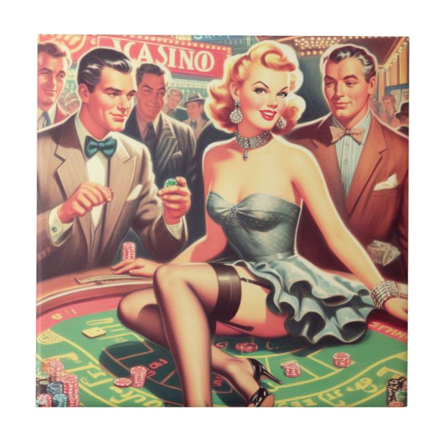 Vintage Casino Illustration Kakelplatta (Framsidan)