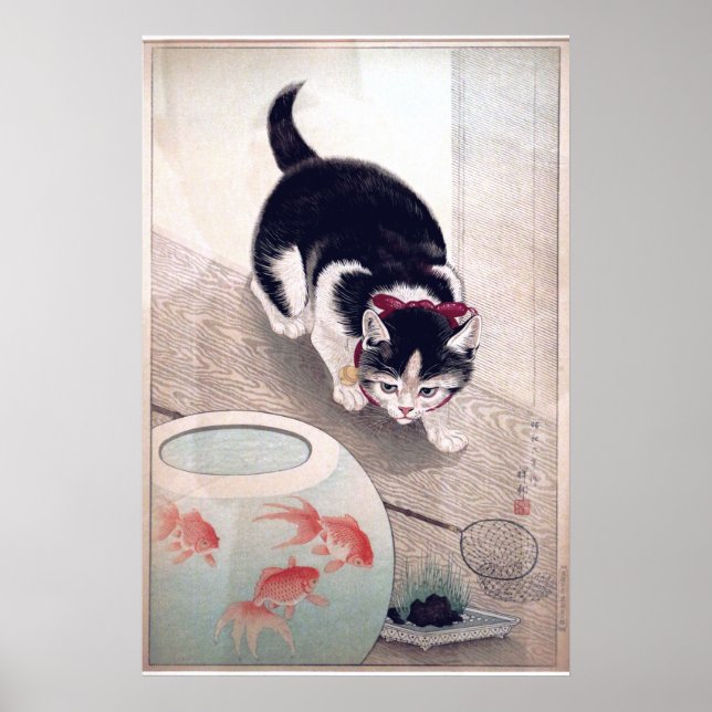 Vintage Cat and Goldfish Bowl Japansk Art Poster (Framsidan)