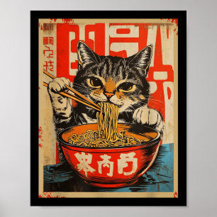 Vintage Cat Eating Ramen Noodles Japansk konst Poster