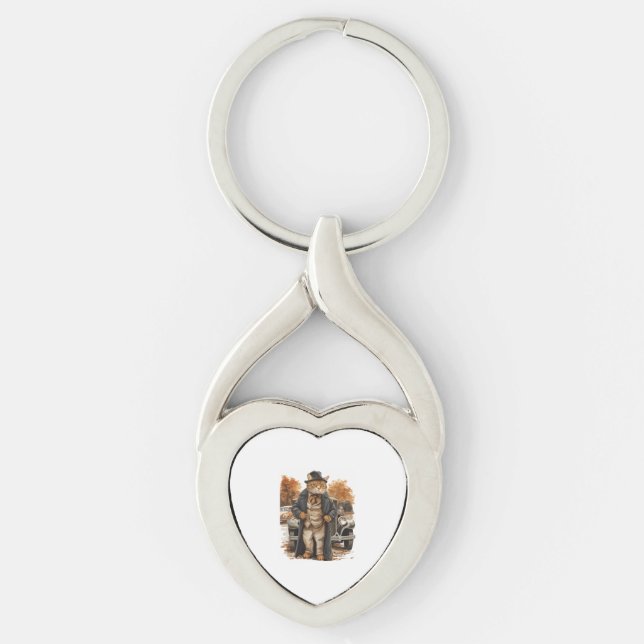 Vintage Cat Elegance Twisted Heart Silverfärgad Nyckelring (Framsidan)