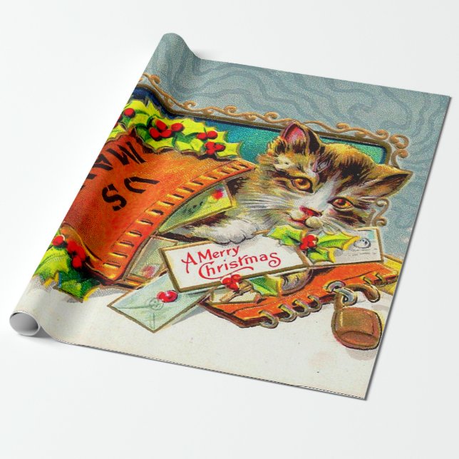 Vintage Cat God jul Presentpapper (Utrullad)