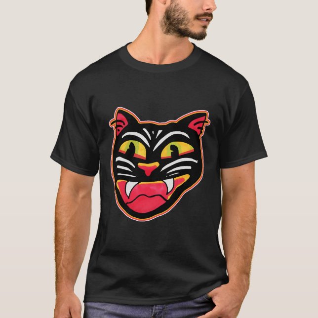 Vintage Cat Halloween Art Tecknad Roligt T Shirt (Framsida)