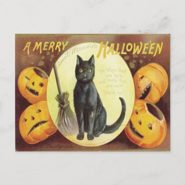 Vintage Cat Halloween Vykort (Framsida)