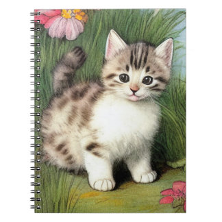 Vintage Cat Illustration med Red Flowers Anteckningsbok