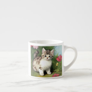 Vintage Cat Illustration med Red Flowers Espressomugg