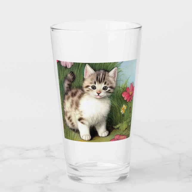 Vintage Cat Illustration med Red Flowers Glaskopp (Framsida)