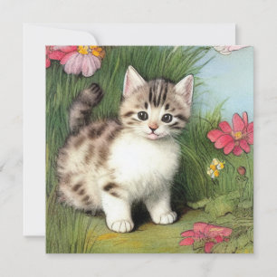 Vintage Cat Illustration med Red Flowers Inbjudningar