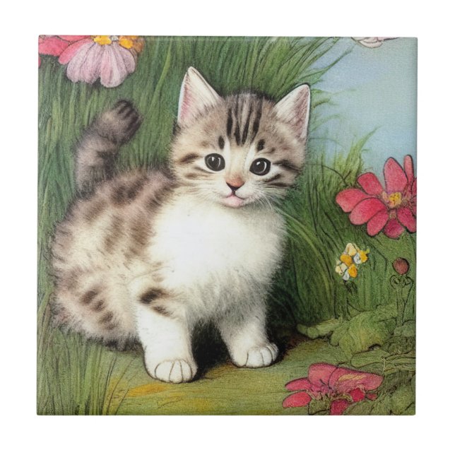 Vintage Cat Illustration med Red Flowers Kakelplatta (Framsidan)