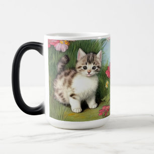 Vintage Cat Illustration med Red Flowers Magisk Mugg