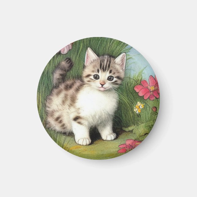 Vintage Cat Illustration med Red Flowers Magnet (Framsidan)