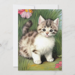 Vintage Cat Illustration med Red Flowers Meddelande