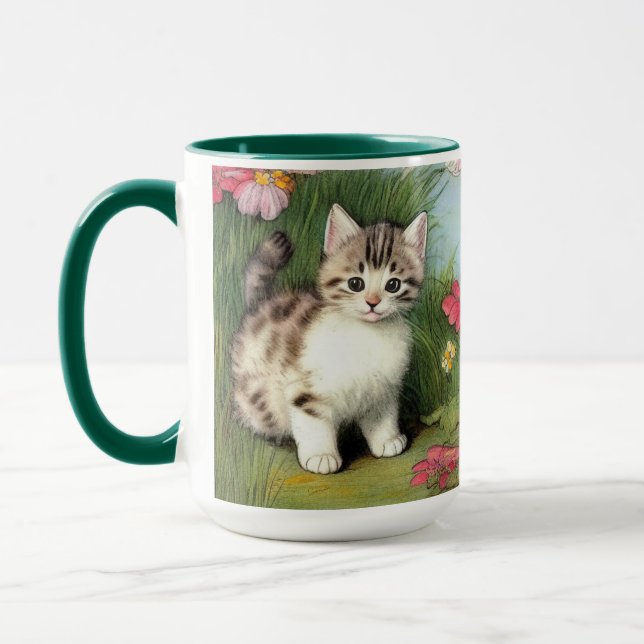 Vintage Cat Illustration med Red Flowers Mugg (Vänster)
