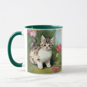 Vintage Cat Illustration med Red Flowers Mugg