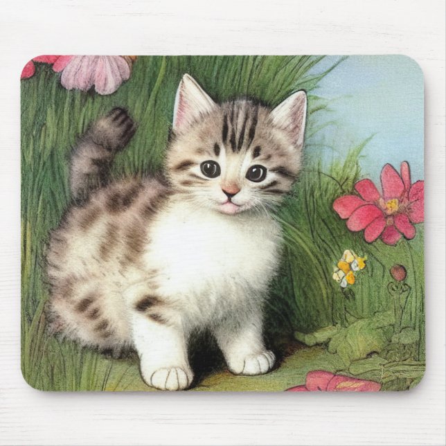 Vintage Cat Illustration med Red Flowers Musmatta (Framsidan)