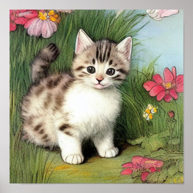Vintage Cat Illustration med Red Flowers Poster (Framsidan)