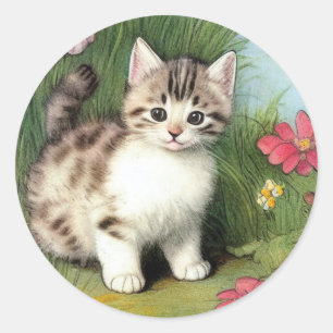 Vintage Cat Illustration med Red Flowers Runt Klistermärke