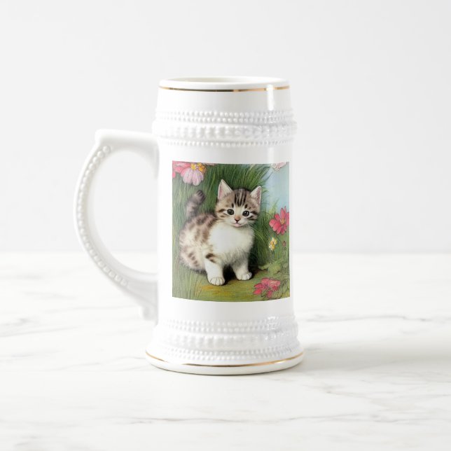 Vintage Cat Illustration med Red Flowers Sejdel (Vänster)