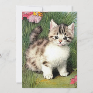 Vintage Cat Illustration med Red Flowers Spara Datumet