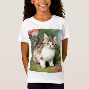 Vintage Cat Illustration med Red Flowers T Shirt