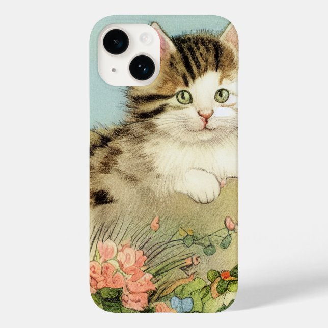 Vintage Cat Illustration med Rosa Flowers (Baksida)