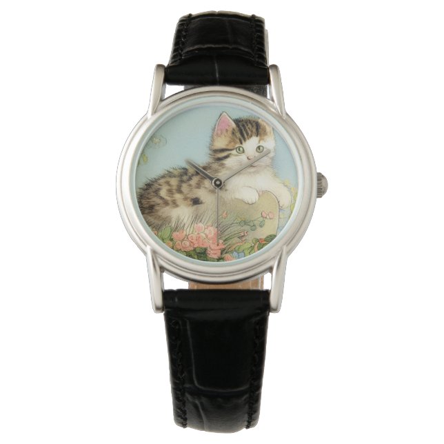 Vintage Cat Illustration med Rosa Flowers Armbandsur (Framsida)