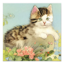 Vintage Cat Illustration med Rosa Flowers