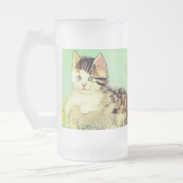 Vintage Cat Illustration med Rosa Flowers Frostat Ölglas (Vänster)