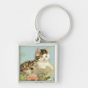 Vintage Cat Illustration med Rosa Flowers Fyrkantig Silverfärgad Nyckelring