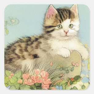 Vintage Cat Illustration med Rosa Flowers Fyrkantigt Klistermärke