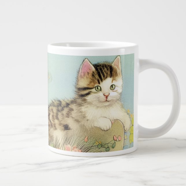 Vintage Cat Illustration med Rosa Flowers Jumbo Mugg (Höger)