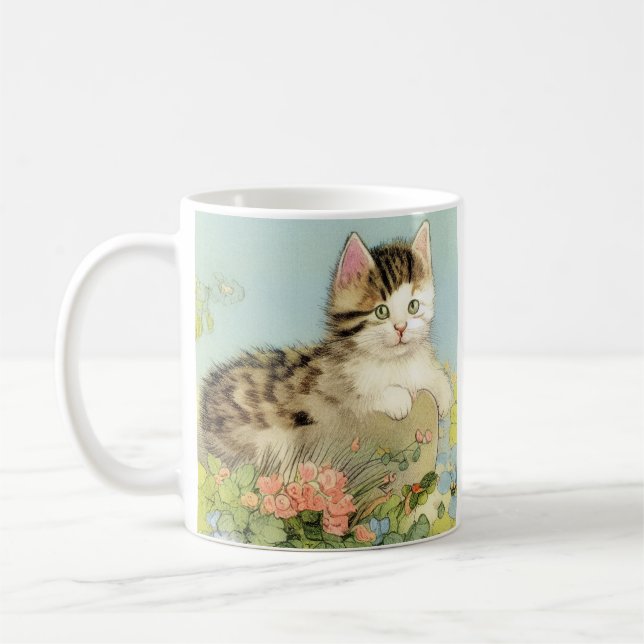 Vintage Cat Illustration med Rosa Flowers Kaffemugg (Vänster)