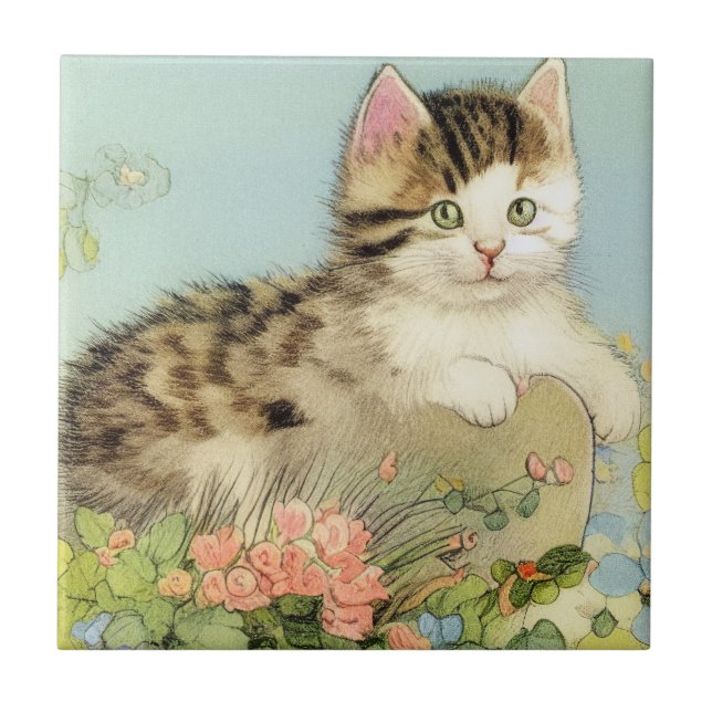 Vintage Cat Illustration med Rosa Flowers Kakelplatta (Framsidan)