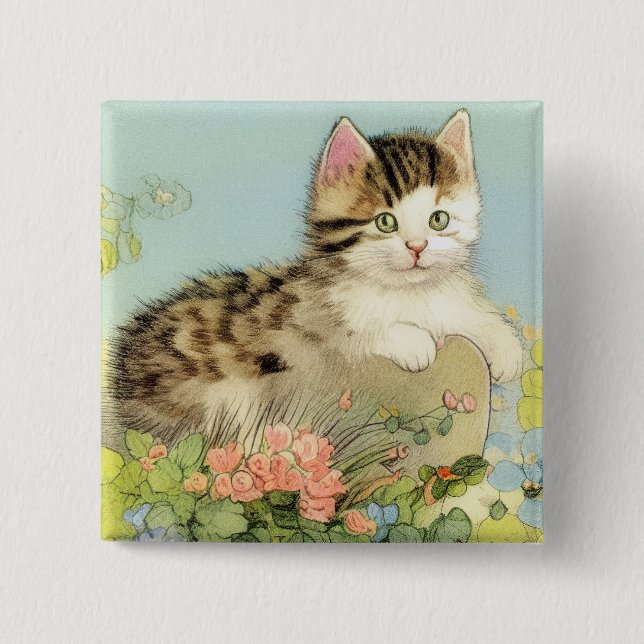 Vintage Cat Illustration med Rosa Flowers Knapp (Framsida)