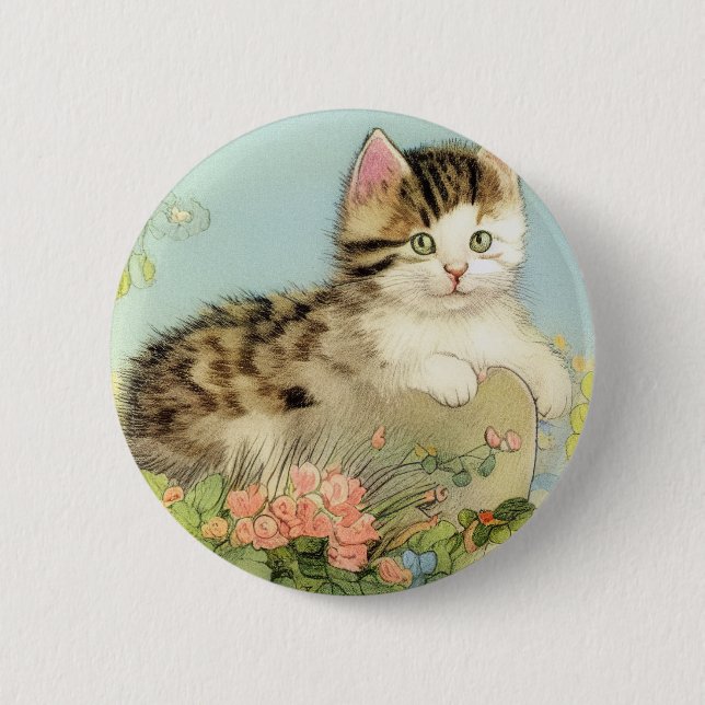 Vintage Cat Illustration med Rosa Flowers Knapp (Framsida)