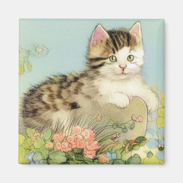 Vintage Cat Illustration med Rosa Flowers Magnet (Framsidan)