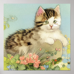 Vintage Cat Illustration med Rosa Flowers Poster