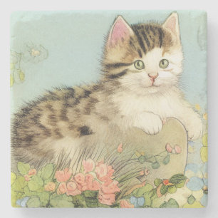 Vintage Cat Illustration med Rosa Flowers Stenunderlägg