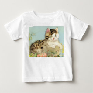 Vintage Cat Illustration med Rosa Flowers T Shirt