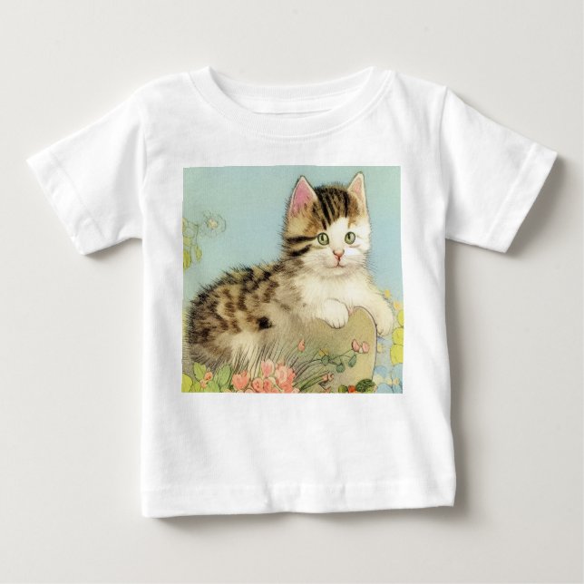 Vintage Cat Illustration med Rosa Flowers T Shirt (Framsida)