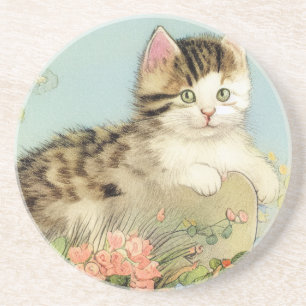 Vintage Cat Illustration med Rosa Flowers Underlägg