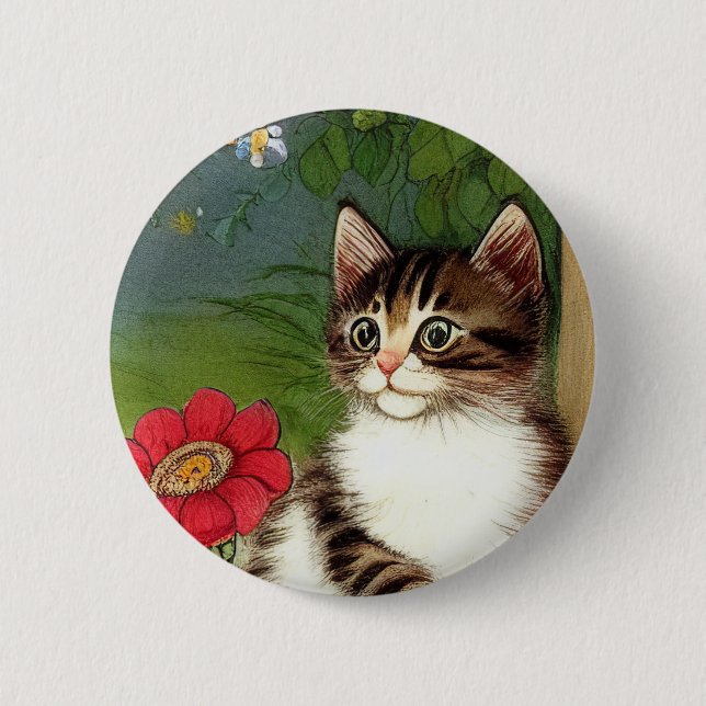 Vintage Cat Illustration med Vår blommor Knapp (Framsida)