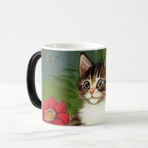 Vintage Cat Illustration med Vår blommor Magisk Mugg