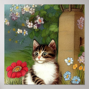 Vintage Cat Illustration med Vår blommor Poster